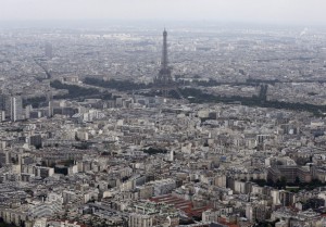 An aerial view shows the Eiffel Tower in Paris on Bastille Day in Paris