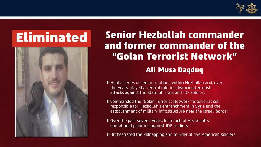 IDF says it killed Hezbollah commander tied to 2007 murder of US soldiers